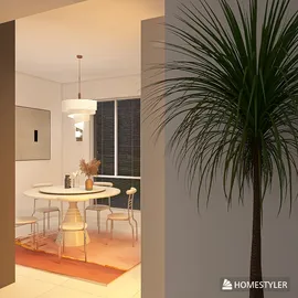 Modern dining area featuring a round table with minimalist chairs, decorated with a large indoor plant, showcasing a contemporary style; designed using Homestyler's real-time 3D rendering feature for an immersive interior decor experience.