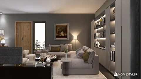 modern living room design featuring a comfortable sectional sofa and stylish bookshelf arrangement, enhancing a cozy atmosphere with smart furniture placement using Homestyler's real-time 3D rendering.