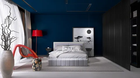 a modern bedroom featuring a blue ceiling, a double bed with a plush headboard, stylish furniture arrangement, and sleek wardrobe design; showcasing interior decor through smart furniture layout using Homestyler's real-time 3D rendering feature.