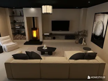 Cozy living room with a modern sofa and coffee table featuring warm lighting and a fireplace, designed using Homestyler's real-time 3D rendering for a contemporary interior decor look.