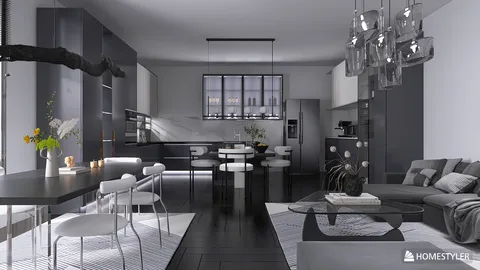 modern kitchen dining area with stylish furniture arrangement in a contemporary style, featuring real-time 3D rendering capability from Homestyler for interior design.