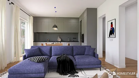 modern living room design featuring a blue sectional sofa and an open kitchen layout, showcasing interior decor ideas using Homestyler's real-time 3D rendering.
