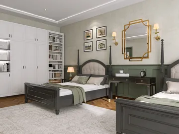 spacious bedroom featuring a modern furniture layout with a minimalist style and elegant decor elements, ideal for interior design inspiration using Homestyler's real-time 3D rendering feature.