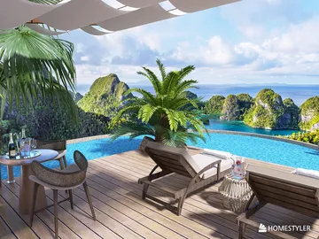 outdoor seating area with lounge chairs and palm trees surrounding an infinity pool overlooking a scenic landscape featuring mountains and water, showcasing homestyler's real-time 3D rendering for stunning visualization.