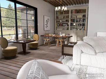 Living room with modern furniture arrangement showcasing a cozy design style, perfect for a tranquil space experience using Homestyler's real-time 3D rendering.