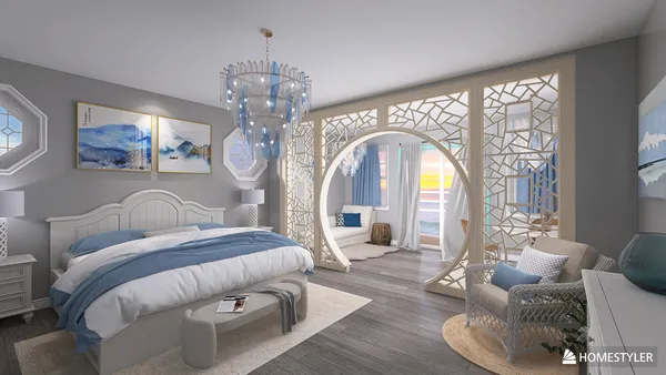 luxurious bedroom design featuring a cozy bed arrangement with blue accents and stylish lighting, incorporating smart furniture placement for optimal space utilization using Homestyler's 3D rendering.