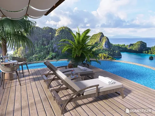 Outdoor lounge chairs beside a luxurious infinity pool overlooking a scenic landscape, perfect for relaxation and outdoor enjoyment. Featuring Homestyler's real-time 3D rendering for an enhanced visual preview.