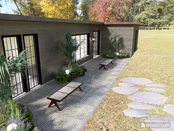 exterior of a modern home with outdoor seating and landscaping design showcasing a contemporary style and garden optimization using Homestyler's 3D design features.