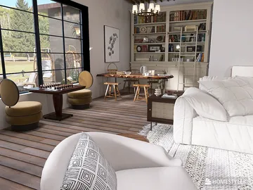 modern living room design featuring a cozy seating area and dining space, showcasing smart furniture arrangement for small spaces, enhanced by Homestyler's real-time 3D rendering capability.