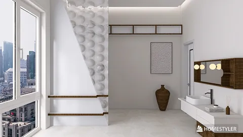 Modern bathroom interior design featuring a sleek vanity and unique textured wall, showcasing Homestyler's real-time 3D rendering for quick design proposal visualization.
