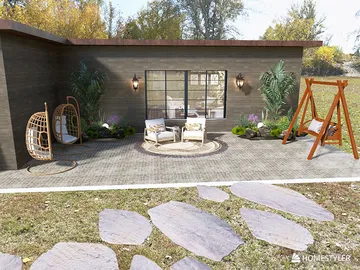 outdoor seating area featuring a swing set and cozy chairs with plants, creating a relaxing patio style, perfect for enhancing outdoor spaces using Homestyler's real-time 3D rendering capabilities.