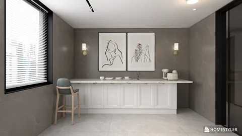 modern minimalist kitchen with elegant art pieces enhancing space aesthetic using Homestyler's real-time 3D rendering feature