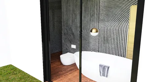 modern bathroom interior design featuring a freestanding bathtub and stylish patterns on the walls, showcasing Homestyler's real-time 3D rendering feature for an accurate preview of the design.