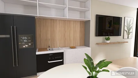 Modern kitchen featuring black and white appliances with a sleek design, showcasing efficient space utilization. Designed using Homestyler's real-time 3D rendering for a realistic renovation preview.