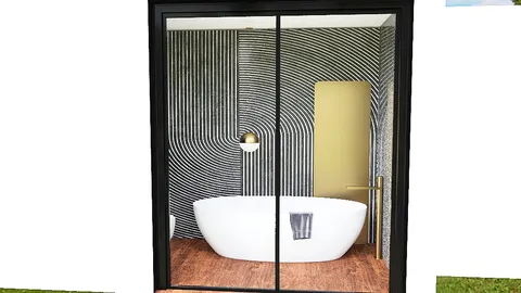 modern freestanding bathtub in a stylish bathroom design featuring striped wall patterns and natural wood flooring, highlighting interior decor trends with Homestyler's real-time 3D rendering feature.