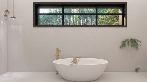 a modern freestanding bathtub within a sleek bathroom design featuring natural light from a large window, incorporating Homestyler's real-time 3D rendering for an enhanced visual experience