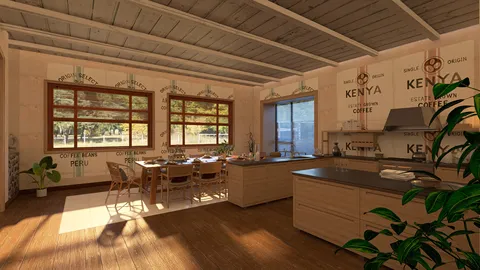 Modern kitchen design showcasing smart furniture arrangement with a warm rustic style, emphasizing space optimization features of Homestyler.