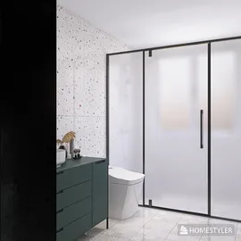 modern bathroom with a glass shower enclosure featuring minimalist design and natural materials, optimized for stylish interior decor using Homestyler's real-time 3D rendering.