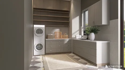 Laundry room with modern appliances and organized storage, featuring a contemporary style that enhances functionality, showcasing Homestyler's real-time 3D rendering for design proposals.