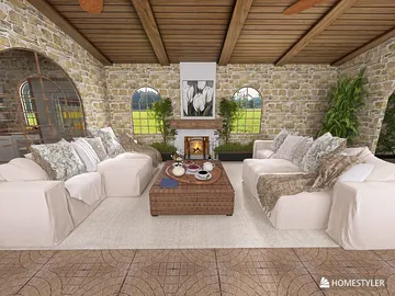 cozy living room design featuring a stone wall, arranged with comfortable sofas and a central coffee table, showcasing a rustic style and enhancing the warmth of the space using Homestyler's real-time 3D rendering feature.