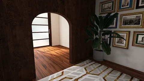a spacious entrance featuring a wooden archway leading to a well-lit room with hardwood flooring and elegant wall art, showcasing interior design inspiration for modern homes using Homestyler's real-time 3D rendering feature.
