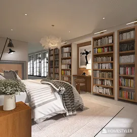 Modern bedroom featuring a cozy layout with wooden bookshelves and a stylish reading corner, designed using Homestyler's real-time 3D rendering for an inviting atmosphere.