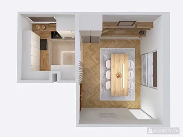 top-down view of a modern kitchen and dining area featuring a wooden dining table with six chairs, showcasing a minimalist design style that optimizes small spaces using Homestyler's real-time 3D rendering feature.