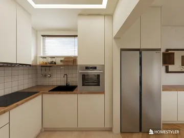 Modern kitchen design featuring a sleek layout with efficient appliance arrangement and minimalist style, emphasizing space optimization using Homestyler's real-time 3D rendering feature.