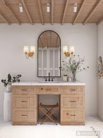 Wooden vanity unit with mirror and sconces in a rustic bathroom design, showcasing a minimalist aesthetic and optimized space using Homestyler's 3D rendering feature.