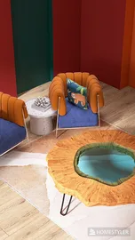 modern armchairs featuring bold colors and unique shapes, arranged around a textured coffee table, showcasing a vibrant interior design style for cozy living spaces, utilizing Homestyler's intelligent furniture arrangement feature.