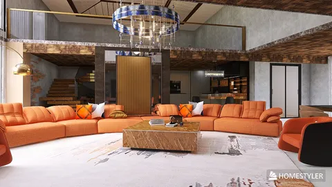 modern living room with large orange sectional sofa and stylish coffee table showcasing 3D interior design using Homestyler for vibrant home decor