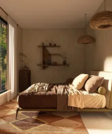 modern bedroom interior featuring a cozy bed with layered bedding, accentuated by natural light and earthy tones, showcasing a tranquil style for optimal relaxation; utilizes Homestyler's real-time 3D rendering for a realistic design preview.