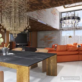 luxurious living room featuring a large dining table with gold base and modern chandelier, showcasing contemporary interior design while utilizing Homestyler's real-time 3D rendering feature.