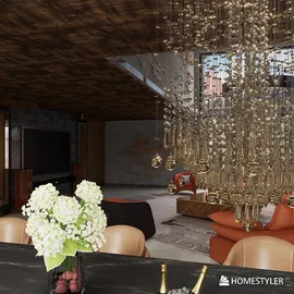 living room with contemporary chandelier design showcasing a luxurious ambiance and elegant decor features, utilizing Homestyler's real-time 3D rendering feature to visualize interior layout.