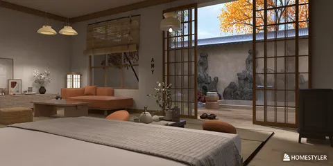 cozy bedroom arrangement showcasing modern Japanese design with a serene outdoor view, featuring Homestyler's real-time 3D rendering to preview design effects.