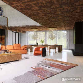 Modern living room design featuring a cozy orange sofa arranged with stylish furniture in a contemporary style, enhancing the aesthetic value of the space while utilizing Homestyler's real-time 3D rendering capability.