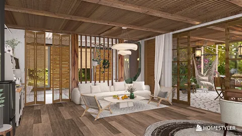 Modern living room with a cozy sofa and stylish wooden decor showcasing an open layout design that emphasizes natural light and indoor greenery, featuring Homestyler's real-time 3D rendering functionality.