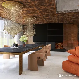 modern dining area featuring a large wooden table and stylish seating arrangement with minimalist decor, showcasing Homestyler's real-time 3D rendering for an immersive interior design experience.