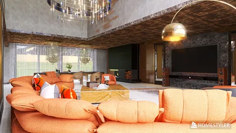 Stylish living room featuring a cozy orange sofa arrangement with decorative cushions, designed for optimal space usage, enhanced with Homestyler's real-time 3D rendering.