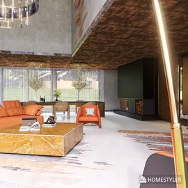 living room furniture arrangement featuring a cozy orange sofa, modern coffee table, and elegant decor in a contemporary style, showcasing interior design optimization with Homestyler's real-time 3D rendering.