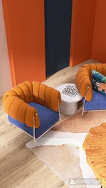 stylish orange and blue armchairs arranged around a coffee table in a contemporary living room design showcasing modern interior decor using Homestyler's real-time 3D rendering feature.