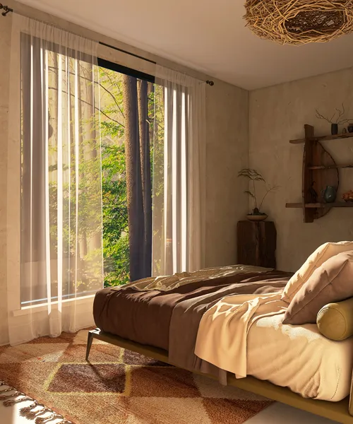 cozy bedroom with large window showcasing outdoor view, combining natural light with earthy tones, featuring homestyler's real-time 3D rendering capabilities for design preview
