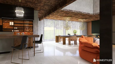 modern living room featuring smart furniture arrangement with a cozy seating area and elegant dining space, showcasing a contemporary design style; highlights Homestyler's real-time 3D rendering capability for design proposals.