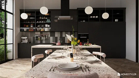 Modern kitchen featuring a stylish dining area and sleek cabinetry with smart furniture arrangement, showcasing a minimalist design approach and enhancing space efficiency, utilizing Homestyler's real-time 3D rendering feature.