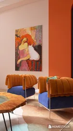 vibrant living room with art piece showcasing modern decor style and color scheme achieved using Homestyler's real-time 3D rendering feature