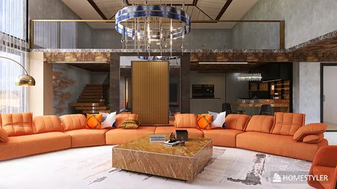 modern living room featuring an orange sectional sofa arranged for comfort with a stylish coffee table, showcasing a contemporary design aesthetic, optimized for interior decor visualization using Homestyler's real-time 3D rendering feature.