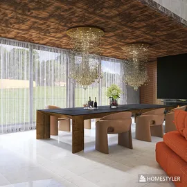 Modern dining room featuring a large wooden table surrounded by stylish chairs, enhanced by elegant chandeliers, showcasing a contemporary design aesthetic and optimized layout using Homestyler's smart furniture arrangement feature.