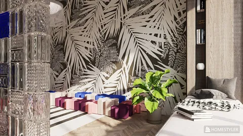 Colorful seating arrangement with vibrant cushions against a tropical leaf patterned wall, showcasing a contemporary design style that enhances space utilization using Homestyler's smart furniture placement feature.