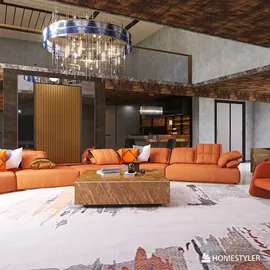 modern living room featuring a spacious orange sectional sofa with a large coffee table, designed in a contemporary style, showcasing a cozy and inviting space, leveraging Homestyler's real-time 3D rendering feature.
