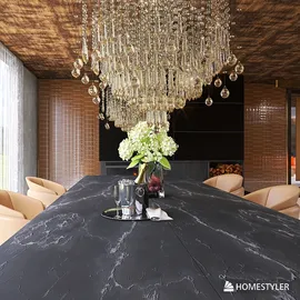 elegant dining table with a luxurious chandelier overhead in a modern design showcasing a contemporary interior decor style, featuring Homestyler's real-time 3D rendering capability for instant renovation previews.